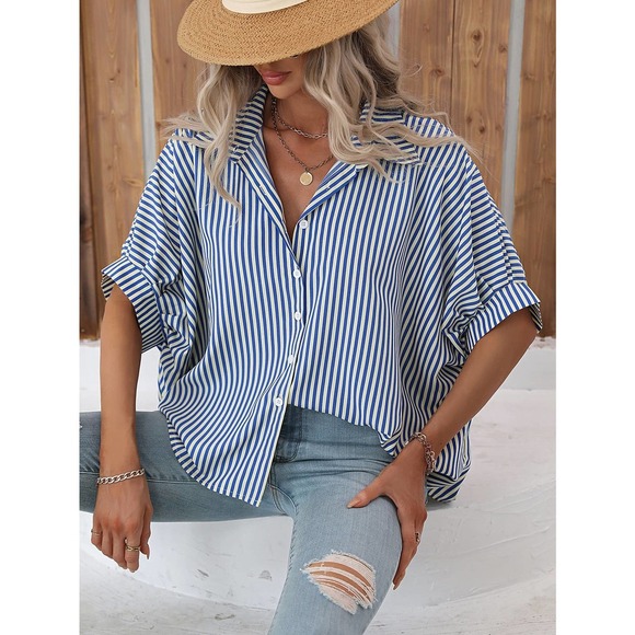 boho minimalist preppy Striped black white button up Batwing Sleeve Shirt - Picture 7 of 11